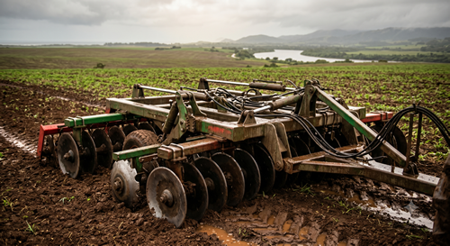 Máquina agrícola exposta à umidade no campo